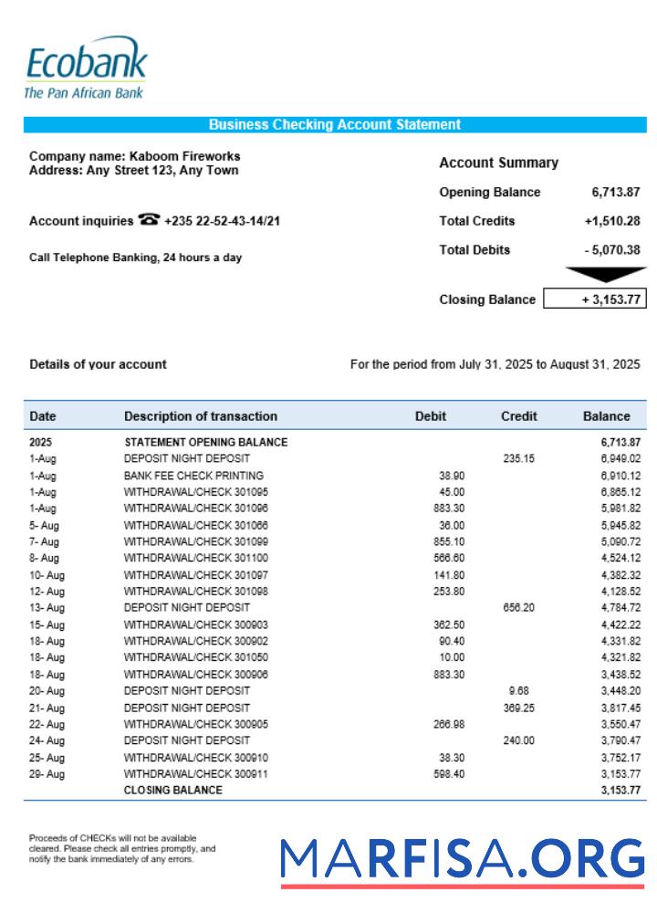 Downloadable Chad Ecobank organization checking account statement Word and PDF template